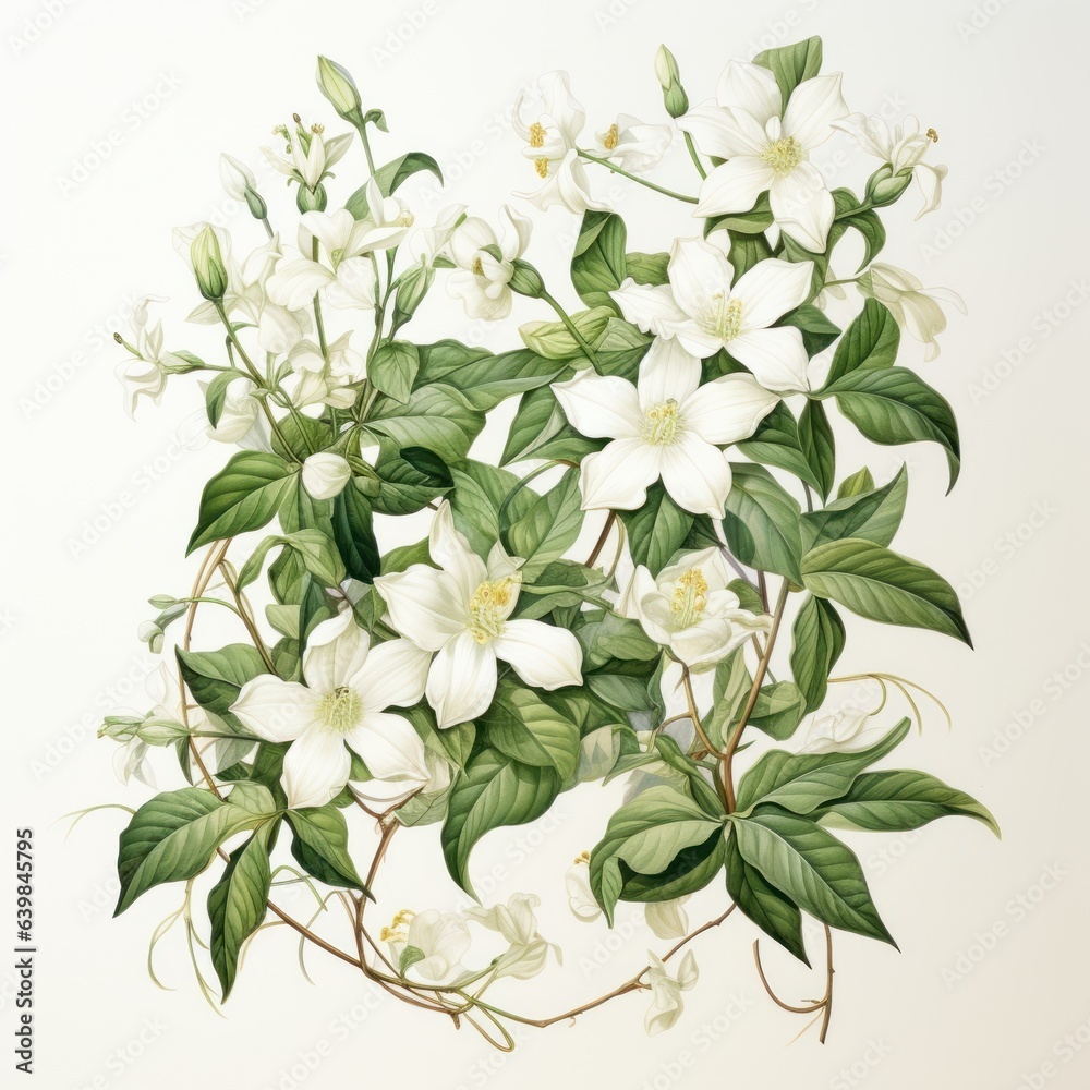 A graceful watercolor botanical illustration of a jasmine vine, showcasing its delicate white flowers and climbing tendrils - obrazy, fototapety, plakaty 