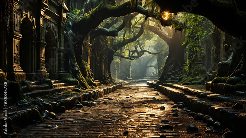 green forest tunnel arch corridor background with copy space.