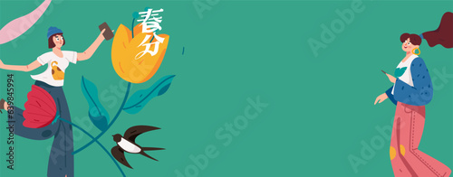 24 solar terms, beginning of spring, rain, stung, spring breeze, qingming, valley rain, flat character vector concept, operation, hand-painted illustration
