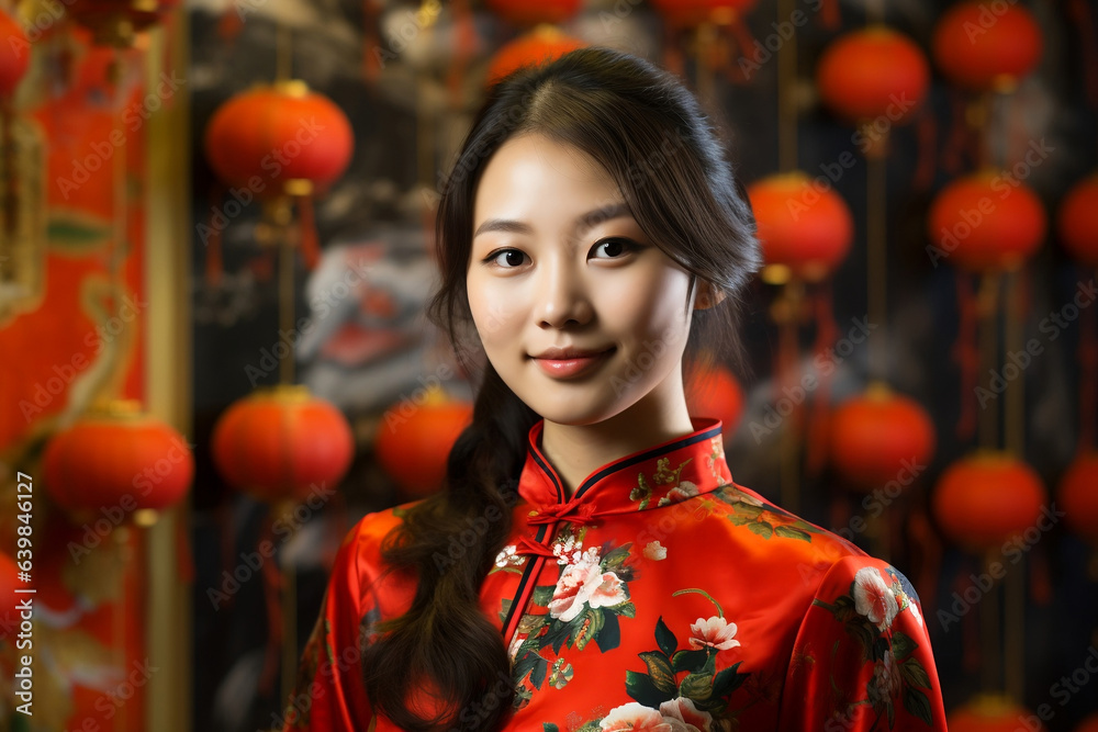Chinese girl wearing Chinese New Year red cheongsam costume with Chinese New Year background. Chinese girl wearing Chinese New Year red cheongsam costume with Chinese New Year background.