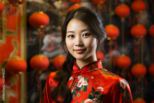 Chinese girl wearing Chinese New Year red cheongsam costume with Chinese New Year background.