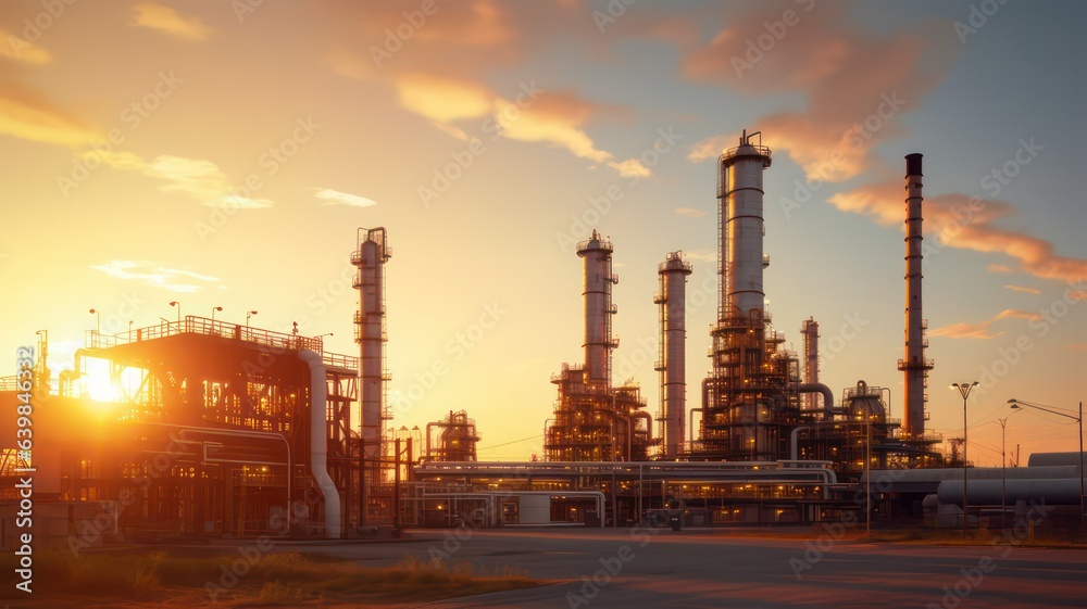 Oil refinery plant for crude oil industry in evening twilight created with Generative AI