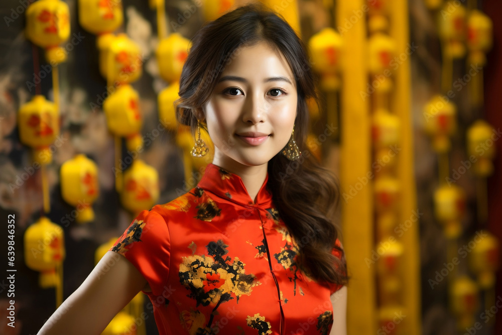 Chinese girl wearing Chinese New Year cheongsam costume with Chinese New Year background. Chinese girl wearing Chinese New Year cheongsam costume with Chinese New Year background.