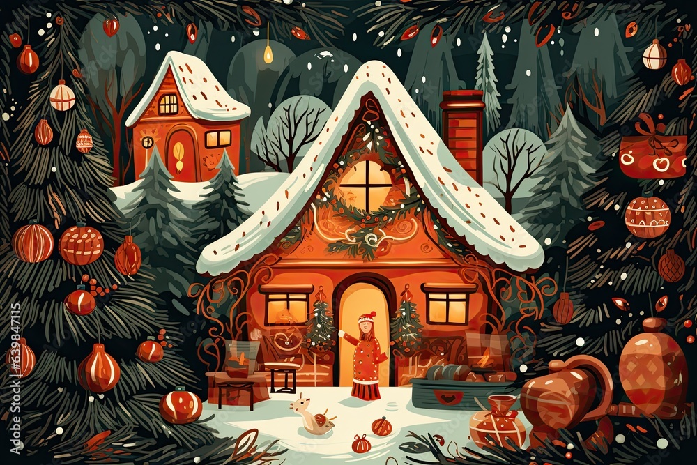 Generative ai, illustrations of happy cozy Christmas in the style of polychrome terracotta. Generative ai, illustrations of happy cozy Christmas in the style of polychrome terracotta.