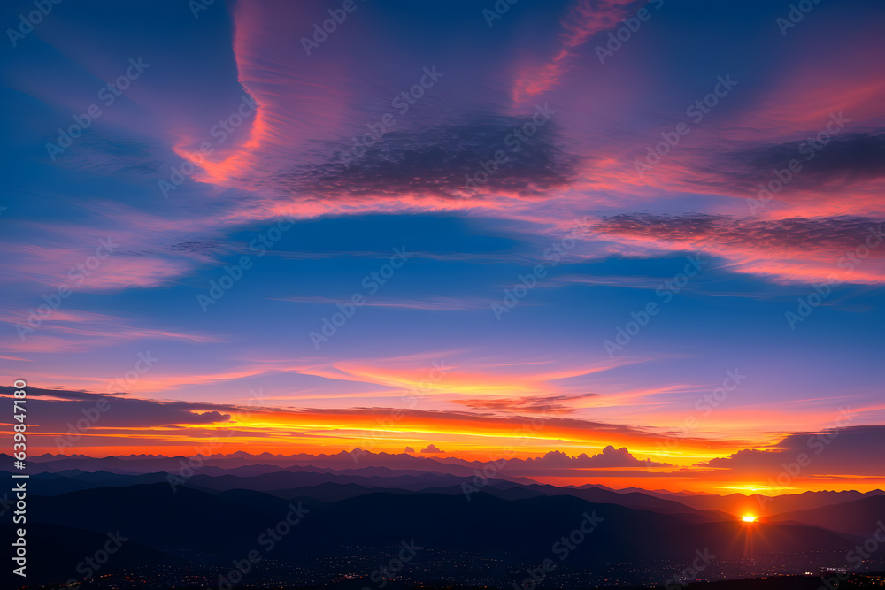 Utterly spectacular sunset with colourful clouds lit by the sun. Epic Bright Sky, Sunset landscape