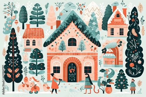Generative ai  illustrations of happy cozy Christmas in the style of polychrome terracotta.