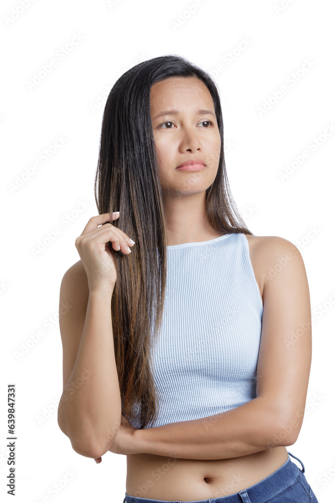 Asian American Woman showing emotions of anxiety isolated white background Asian American Woman showing emotions of anxiety isolated white background