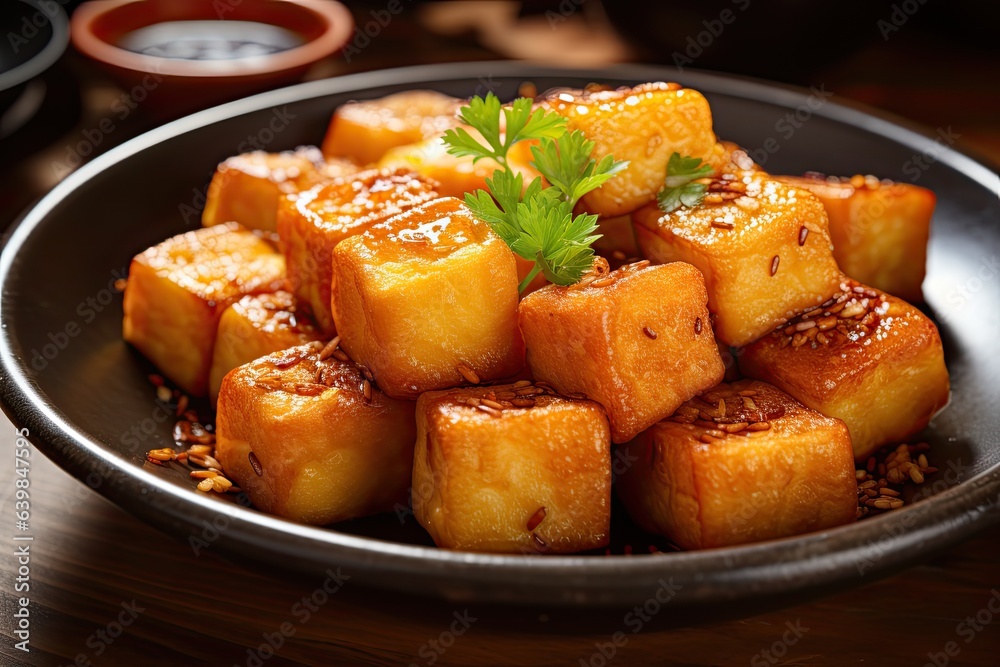 Fried tofu with teriyaki sauce