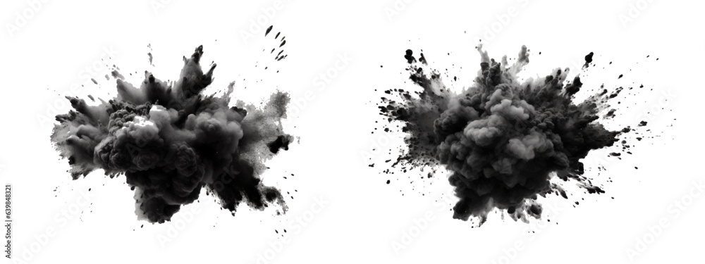 black vibrant paint black powder explosion with dark colors isolated white background.