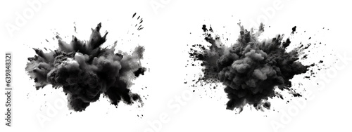 black vibrant paint black powder explosion with dark colors isolated white background.	