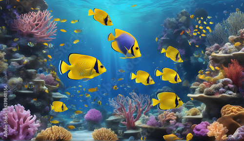 A whimsical underwater world with colorful coral reefs and schools of tropical fish.