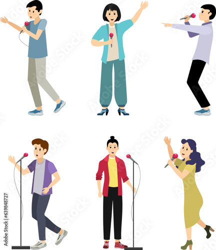 Musical concert. Emotional men and women with microphones singing on a white background.