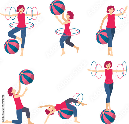 Set of gymnast poses. A girl with a hoop and a ball does gymnastic exercises. Acrobatic poses.