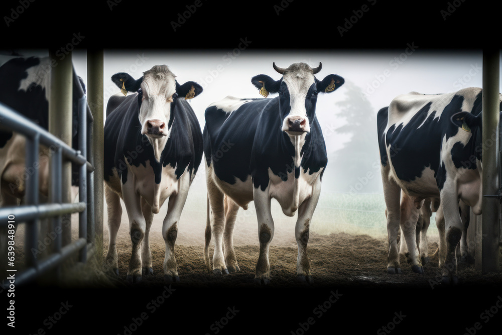 Peaceful-looking cow standing in a field with a metal fence and cattle in the background. AI Generative.