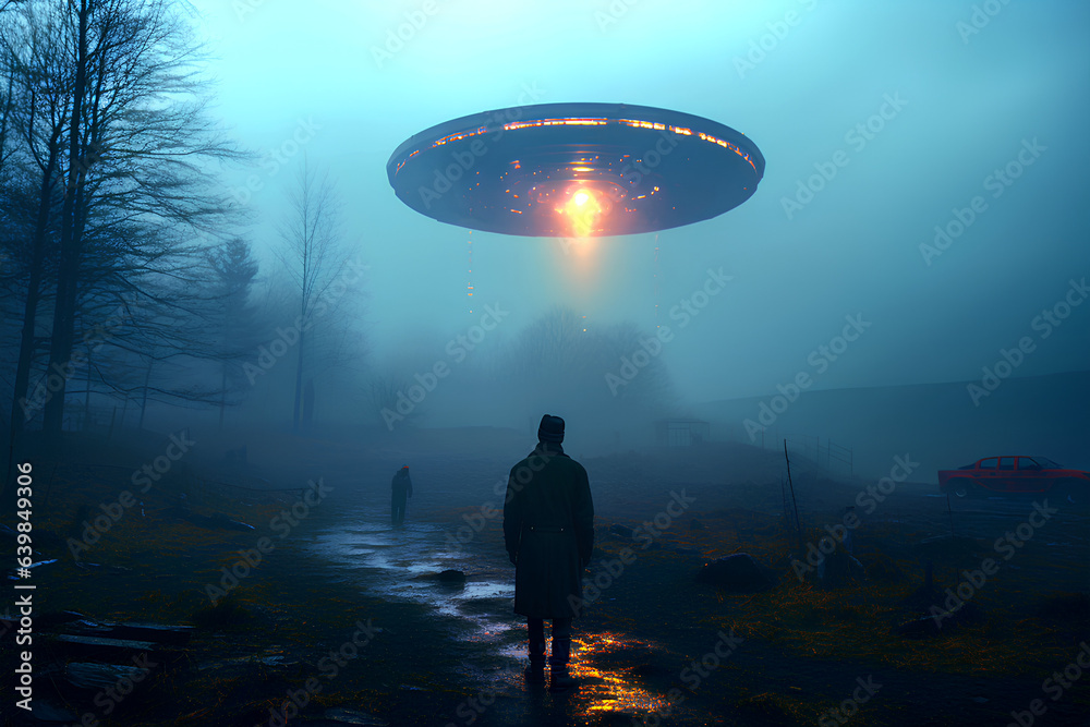 UFO or aliens spaceship flying over the foggy forest at the night. People looking at the UFO. Generative AI. UFO or aliens spaceship flying over the foggy forest at the night. People looking at the UFO. Generative AI.