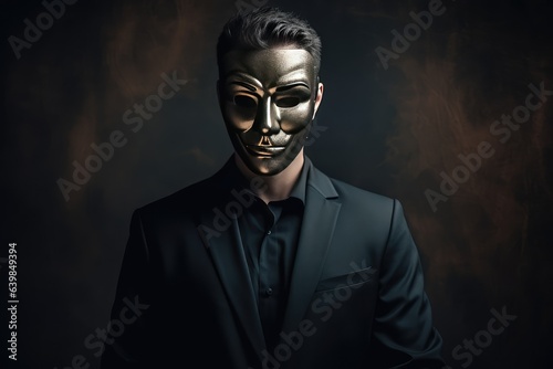 Concept of a liar a man in a suit wearing black mask photo