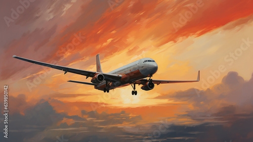 airplane against the sunset sky, flight, oil painting impressionism.