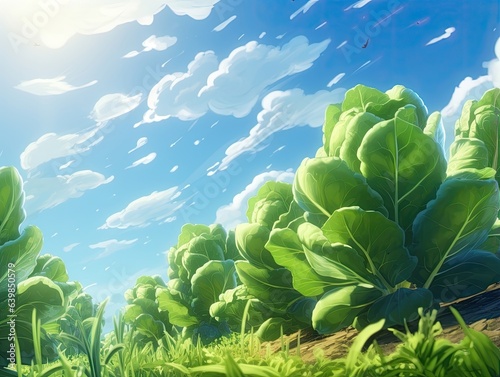 Lettuce growing on a field  low angle shot with cloudy  blue sky and sun