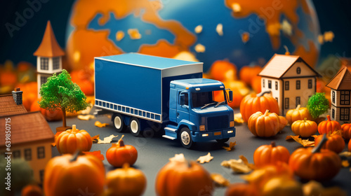 blue truck or lorry against world map and surrounded by orange pumpkins, fallen leaves, and tiny cottage houses. Agriculture delivery service concept. Halloween decor.