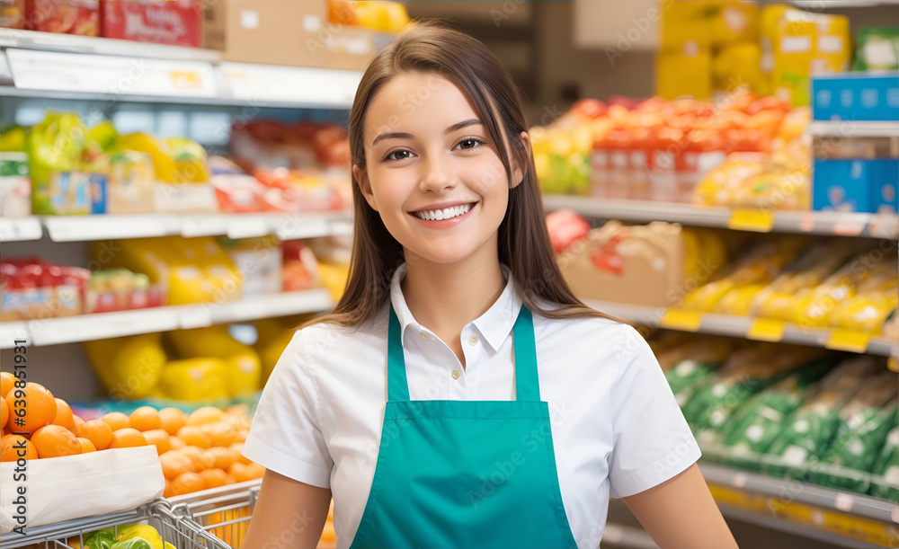 Smiling young female supermarket worker, woman in supermarket