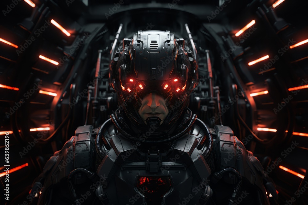 Fototapeta premium Eternal Voyager's Helm: Android in Shiny Armor Guides the Interstellar Odyssey from the Glittering Cockpit