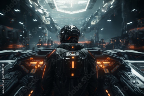 A person at his workstation on sci-fi cityscape background