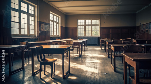 Empty Classroom. Back to school concept in high school. Classroom Interior Vintage Wooden Lecture Wooden Chairs and Desks. Studying lessons in secondary education.