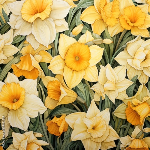 A whimsical watercolor botanical illustration of a field of daffodils  capturing their sunny yellow hues and trumpet-shaped blossoms