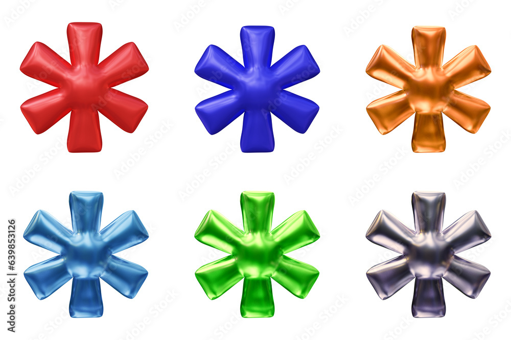 Set of asterisk mark symbol design. Icon or sign shape isolated on transparent background in 3d rendering. Set of asterisk mark symbol design. Icon or sign shape isolated on transparent background in 3d rendering.