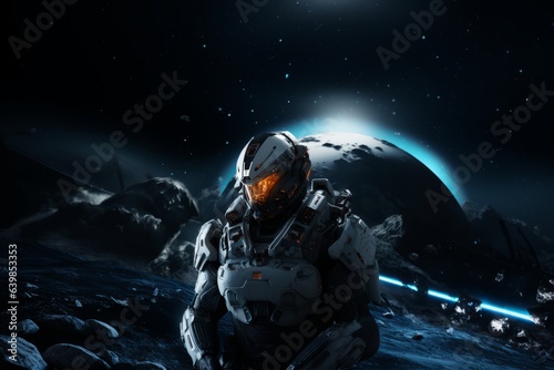 Astral Nomad's Resolute Stare: Cosmic Spacesuit Amidst the Stars, Framing a Planet's Mystique