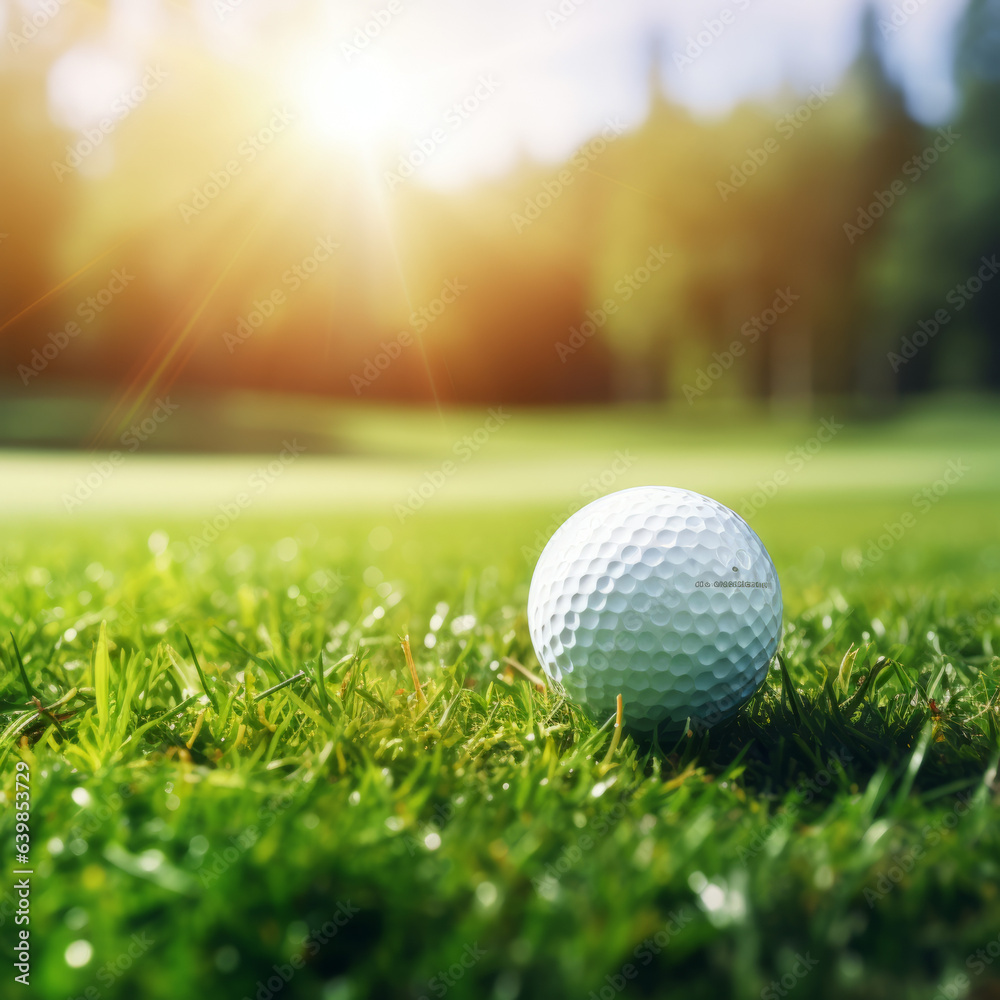 Obraz premium Golf ball on grass, on green background, sport concept