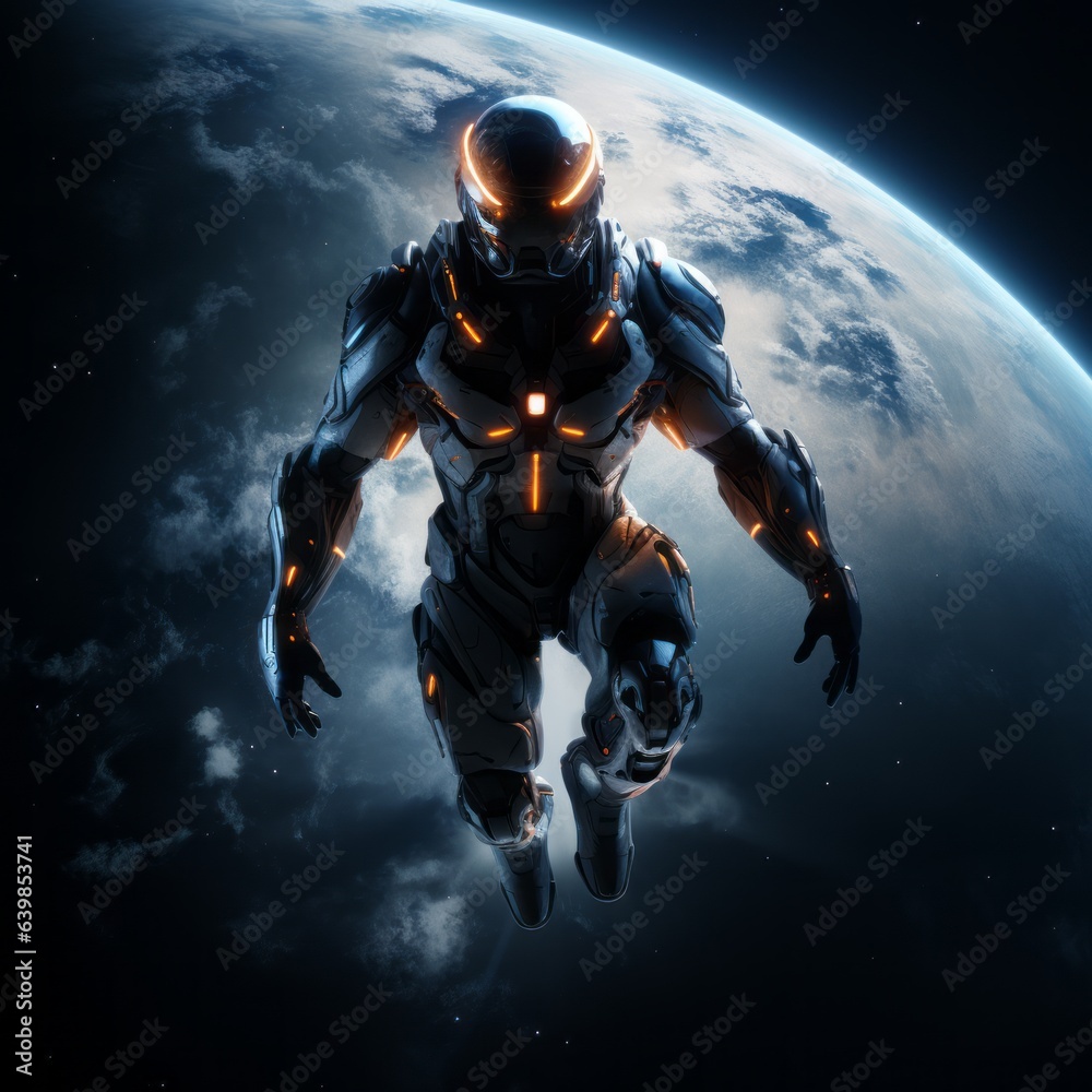 Fototapeta premium An astronaut in space. Luminous Spacewalker