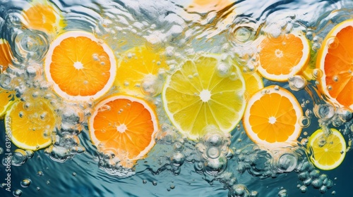 Array of sliced citrus fruits submerged in clear water  creating abstract ripples   generative ai