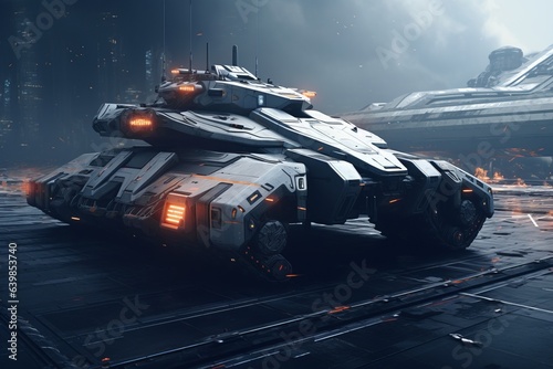 A futuristic hovering tank sitting in an urban city