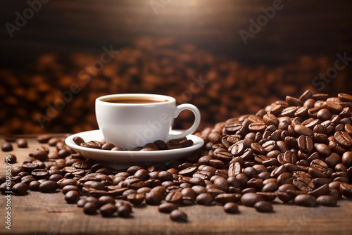 White mug of coffee on coffee beans. Generative AI