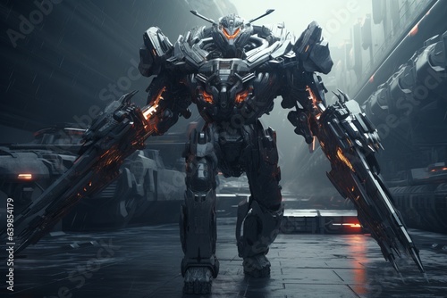 A massive robot with two futuristic guns in his hands. Metallic Justice