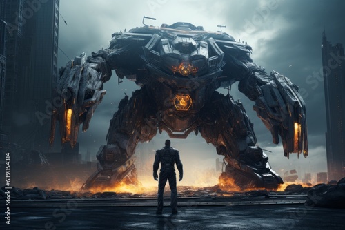 A massive robot versus a man. Techno-Protector