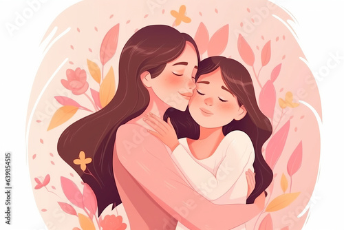 celebrating happy mother s day. Young mother is cuddled by daughter.  illustration with woman and her child. Beautiful template. Can be used for banner  poster  card  postcard and printable.