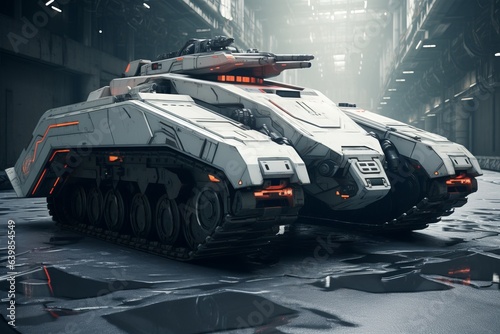 A futuristic tank sitting in an urban city