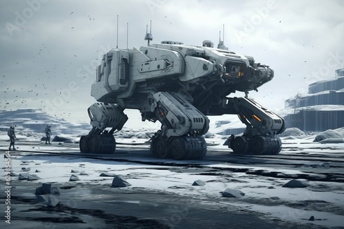 A futuristic carrier tank with legs sitting in an plain fields