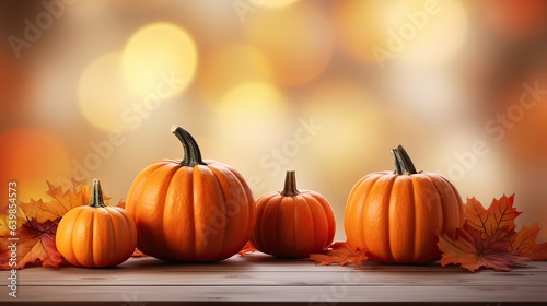Festive autumn decor from pumpkins and leaves on blurry lights on background 