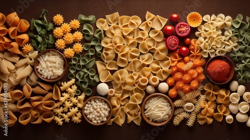 Collage of raw pasta varieties forming an artistic culinary pattern | generative ai