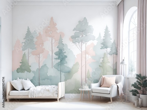 Kids room wallpaper with animals and pastel colors. Nursery wall mural, very minimalistic drawing, white wall,