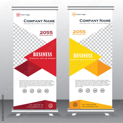 Banner roll-up design, business concept. Graphic template roll-up for exhibitions, banner for seminar, layout for placement of photos. Universal stand for conference, promo banner vector background.