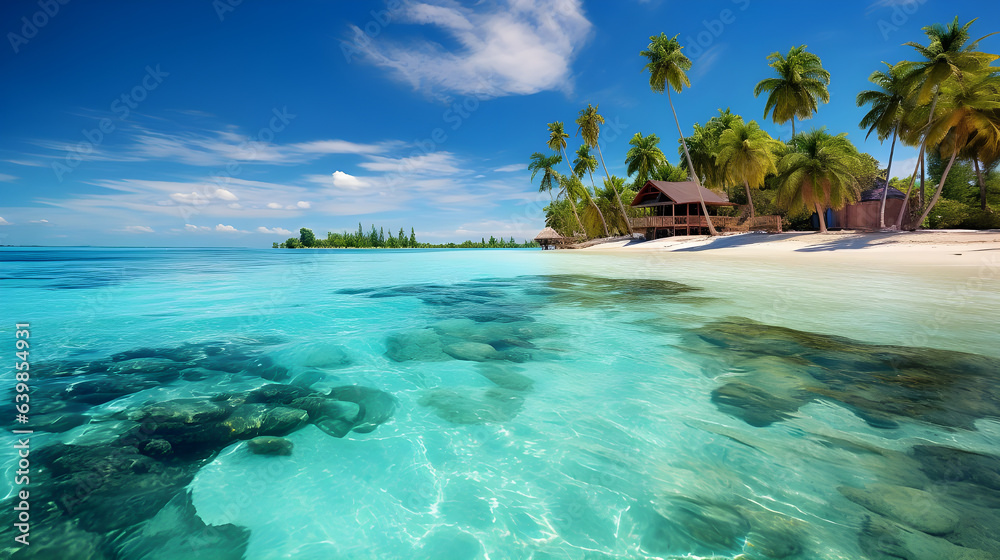 Over water bungalows with steps into green tropical lagoon, Tropical Island Dream Maldives. Indian Ocean luxury travel hotel generated by AI.