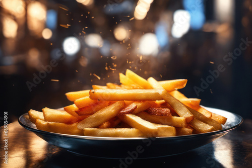 French fries. Blurred background, bokeh. street food. Generative AI