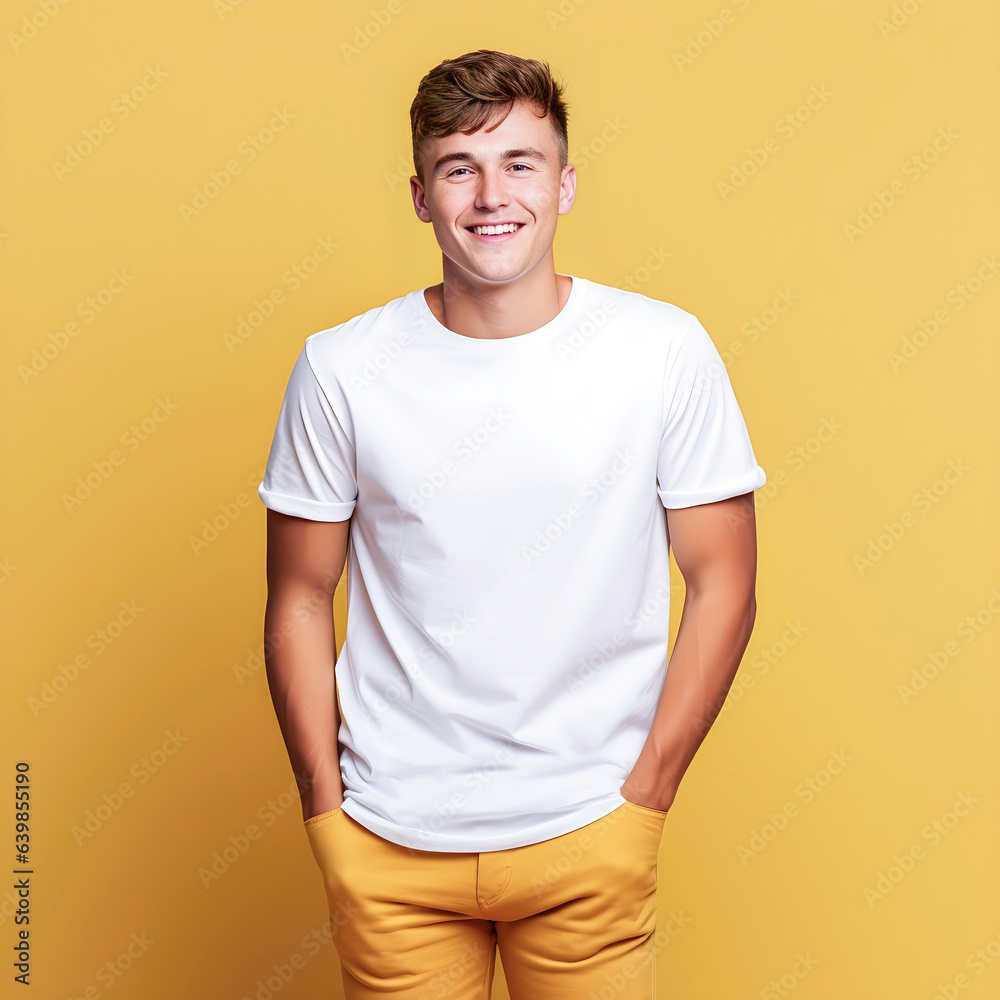 a man in a white shirt and yellow pants poses for a photo. a man in a white shirt and yellow pants poses for a photo.