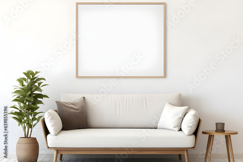 Blank horizontal poster frame mock up in Scandinavian style living room interior, modern living room interior background, beige sofa and pampas grass generated by AI. © Rattanapon