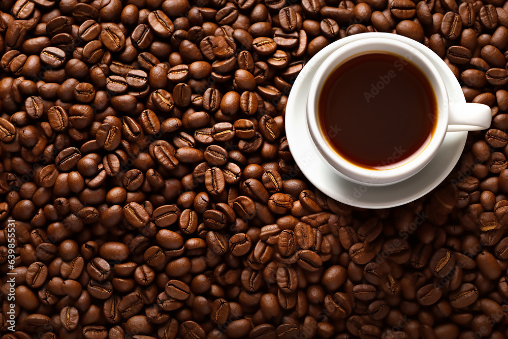 White mug with coffee beans on the background of coffee beans. Generative AI White mug with coffee beans on the background of coffee beans. Generative AI