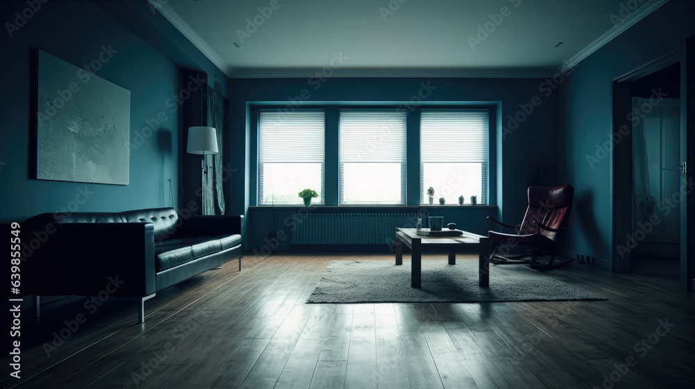 empty living room with blue tones wall.